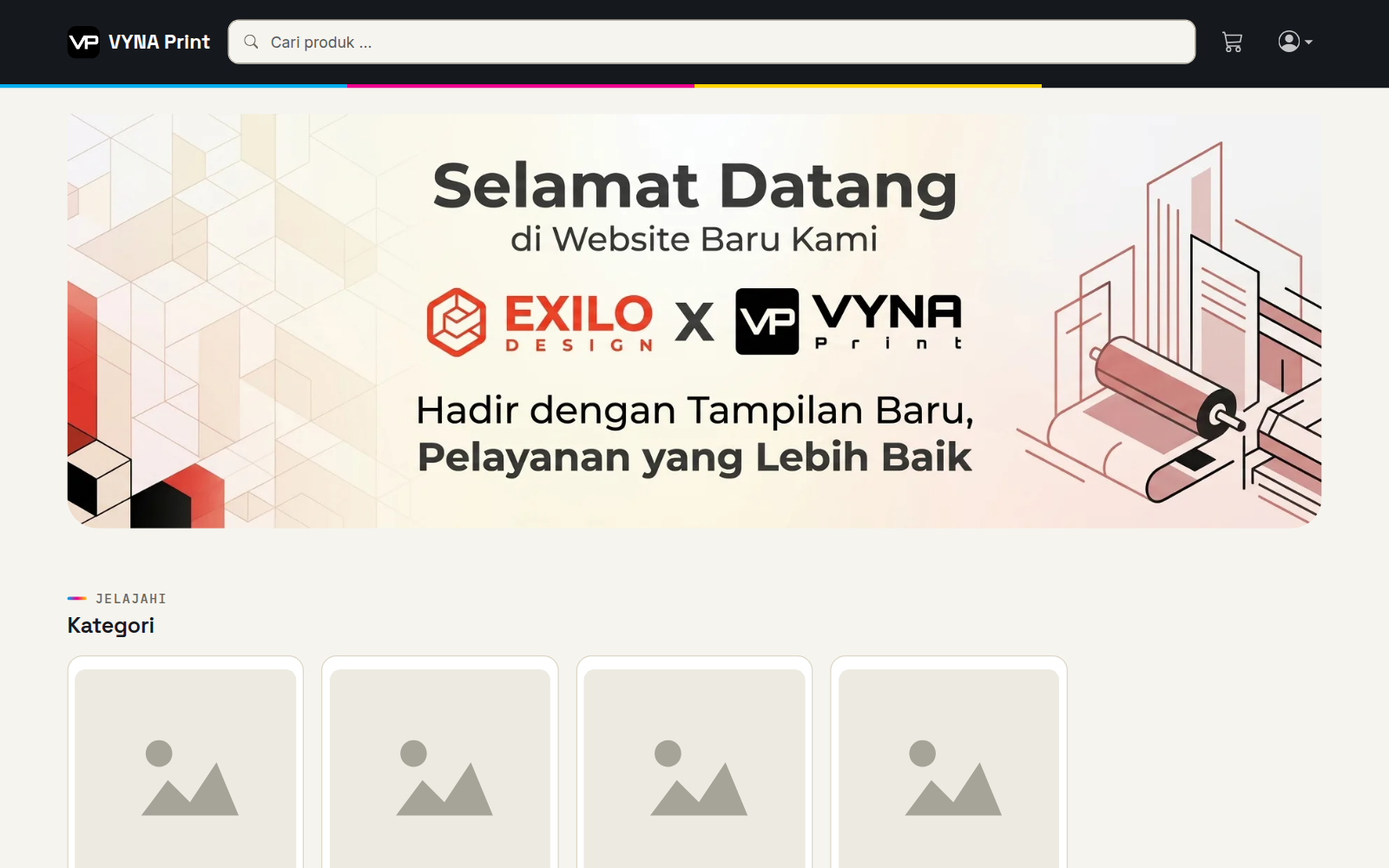 Beranda VYNA Print dengan banner Selamat Datang di Website Baru Kami, EXILO Design x VYNA Print, dan pencarian produk
